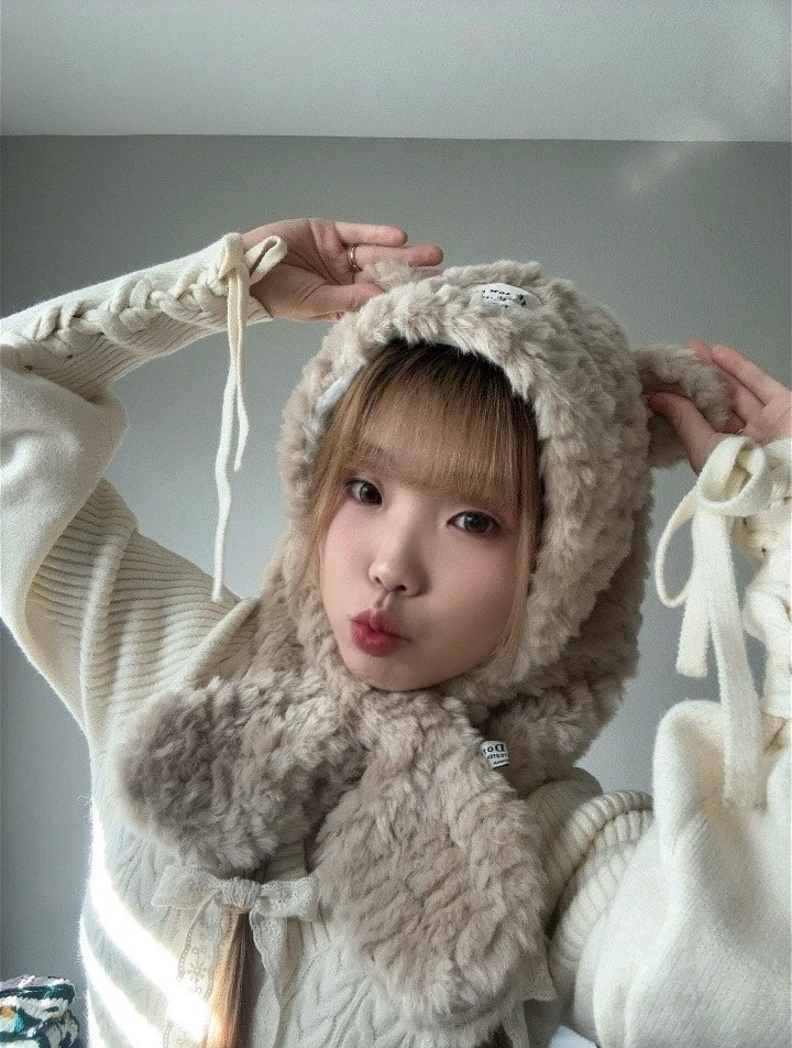 Beige Bear Hood Scarf – Cute Plush Winter Hood front view.