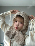 Beige Bear Hood Scarf – Cute Plush Winter Hood front view.