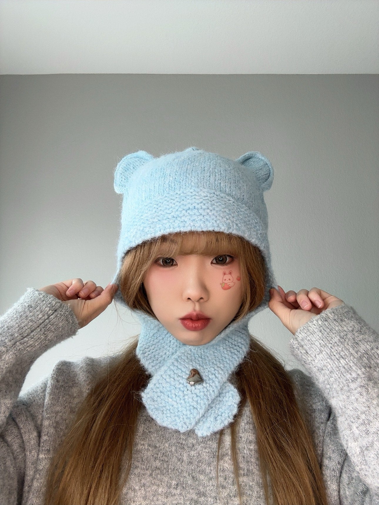 Blue Bear Ears Knit Hat – Cute Winter Set front view.