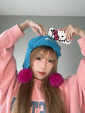 Blue Pom Pom Knit Hat – Colorful Winter Beanie front view.