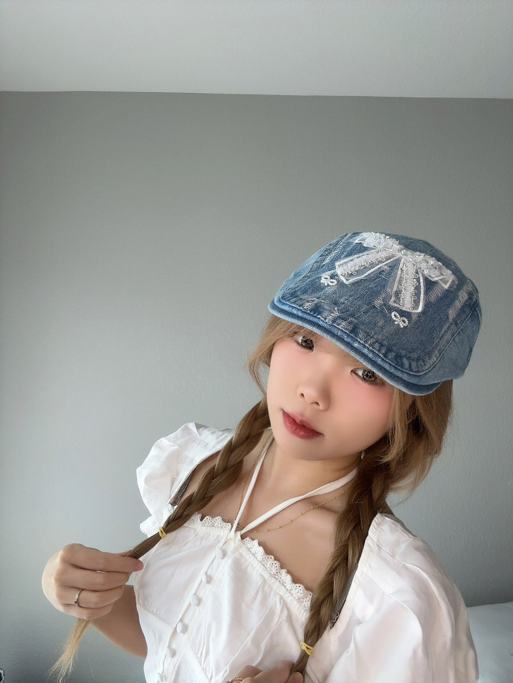 Denim Bow Cap – Cute Embroidered Hat front view.
