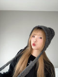 Gray Bear Knit Hood – Soft Winter Accessory front view.