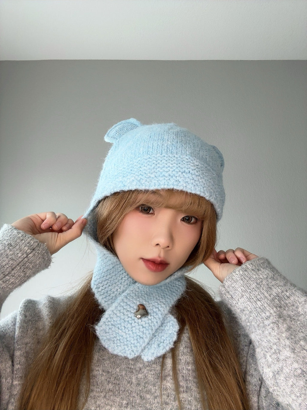 Blue Bear Ears Knit Hat – Cute Winter Set far view.