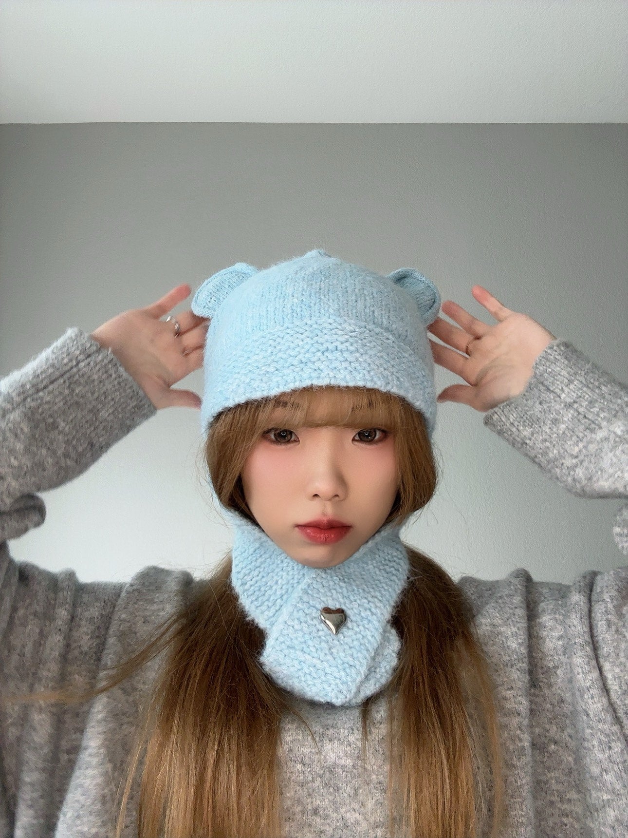 Blue Bear Ears Knit Hat – Cute Winter Set close view.