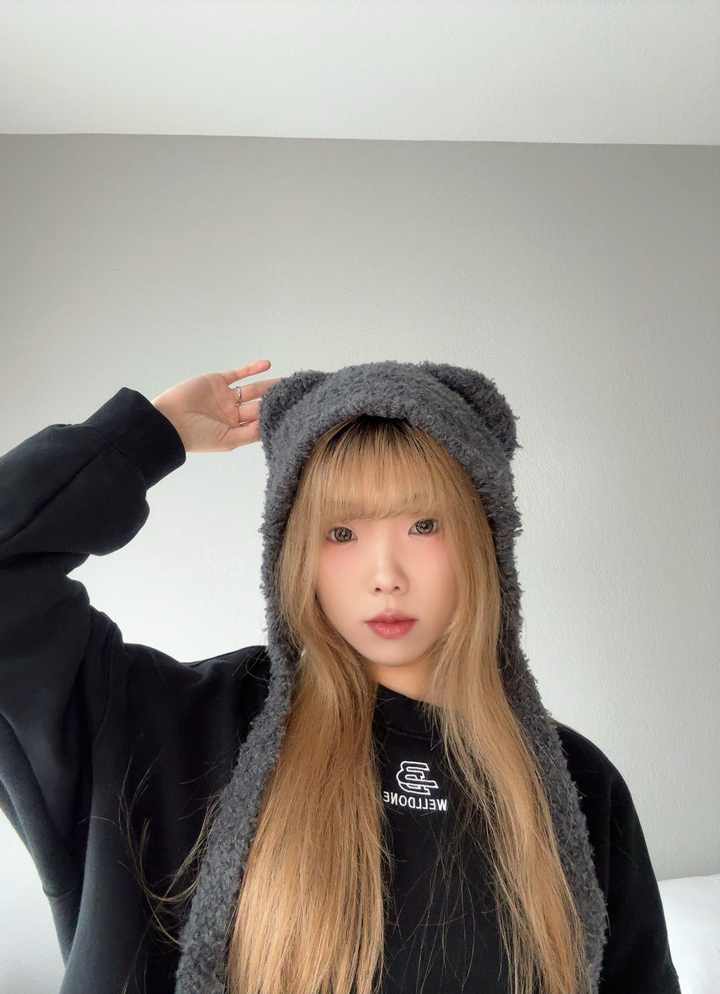 Gray Bear Knit Hood – Soft Winter Accessory far view.