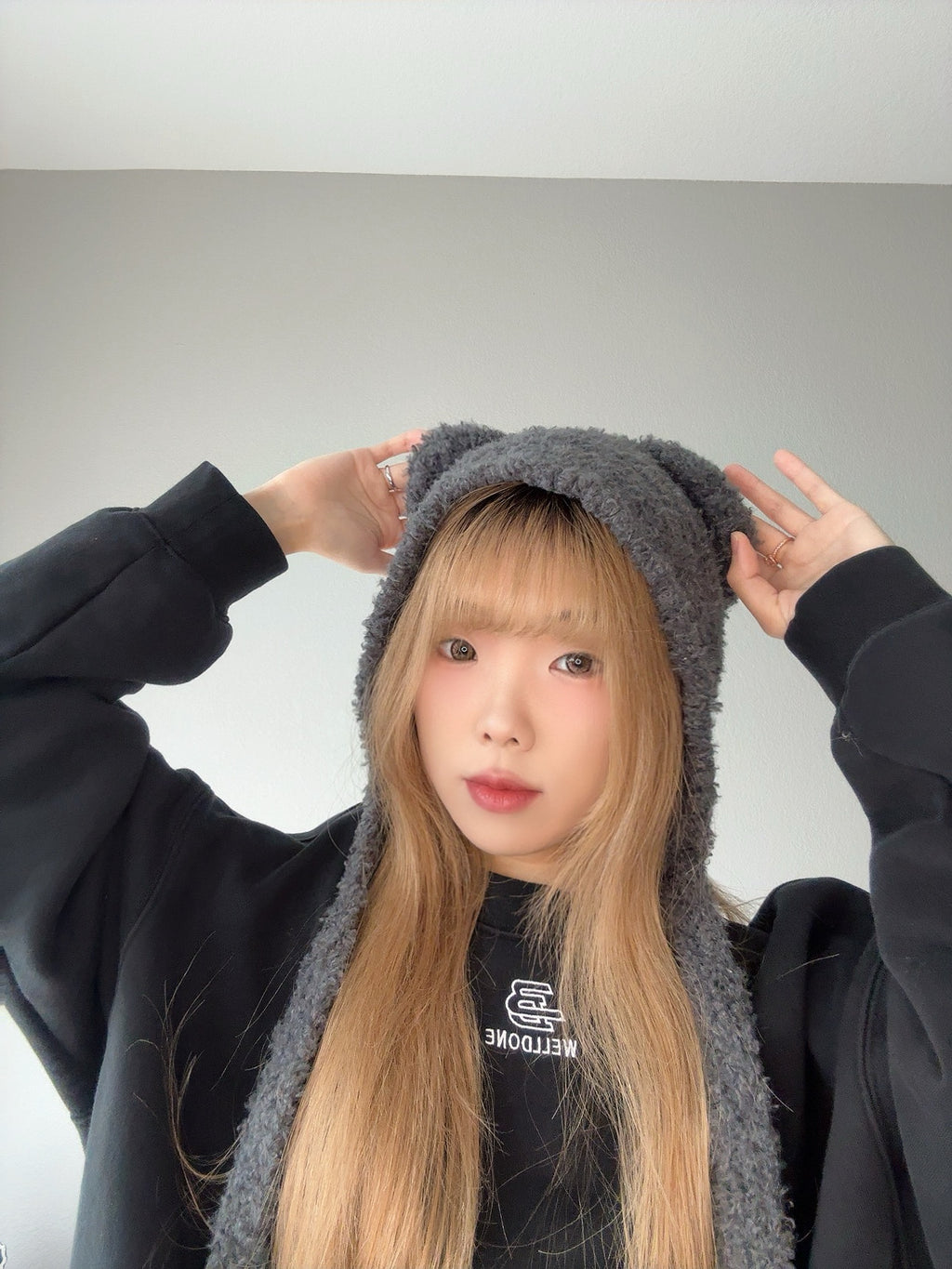 Gray Bear Knit Hood – Soft Winter Accessory with black sweater.