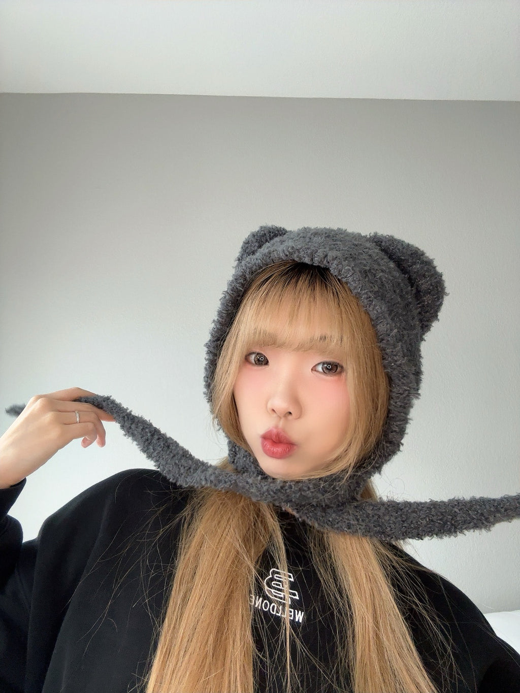 Gray Bear Knit Hood – Soft Winter Accessory close view.