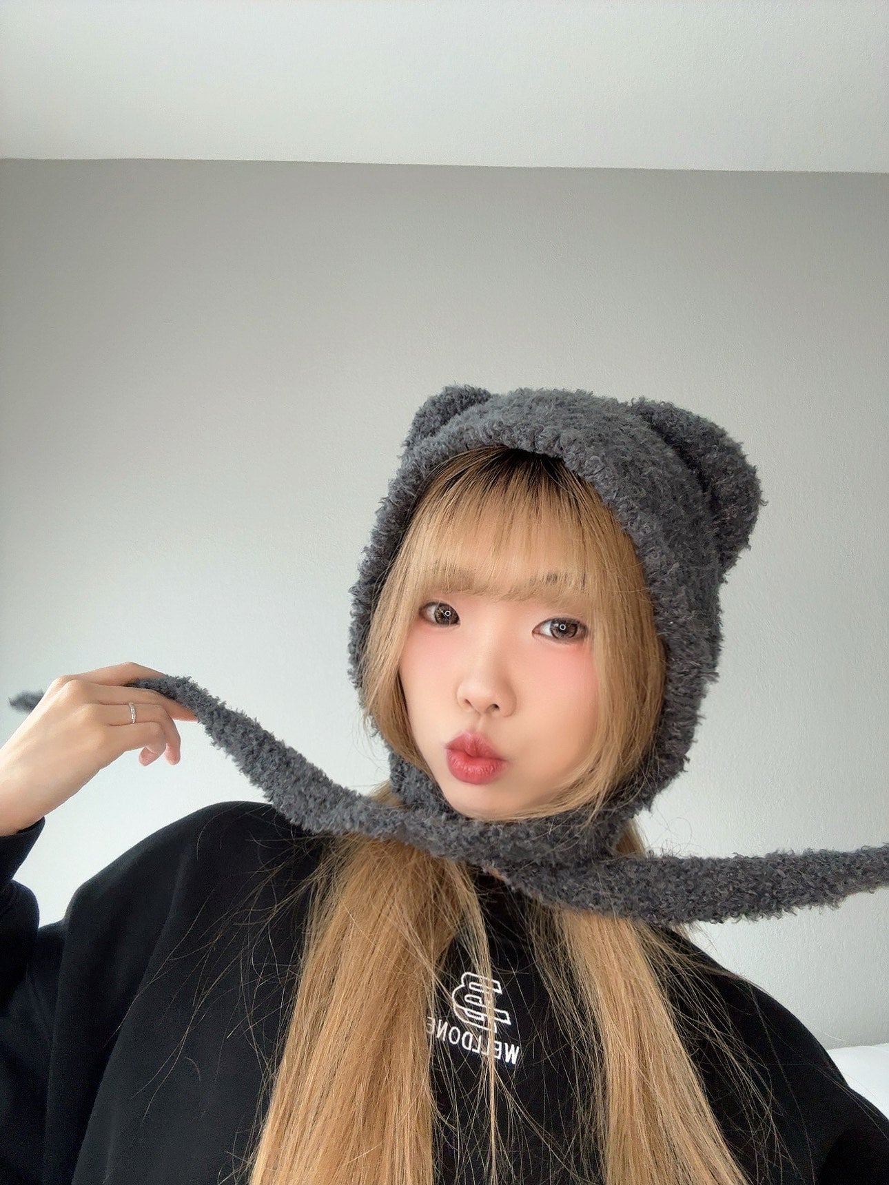 Gray Bear Knit Hood – Soft Winter Accessory close view.