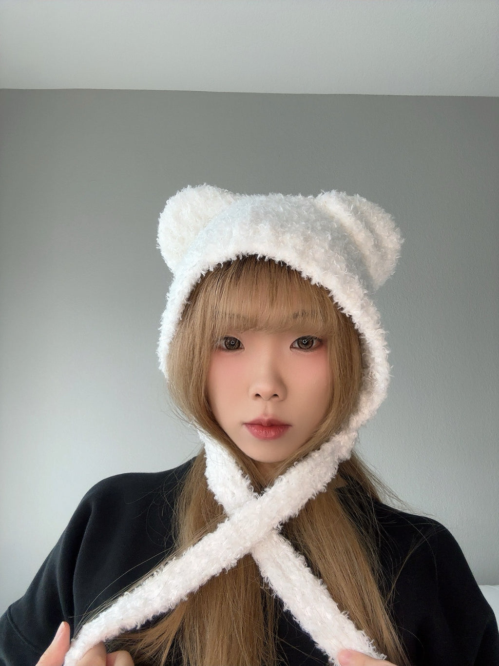 White Fuzzy Bear Hat – Cute Winter Tie Beanie close view.