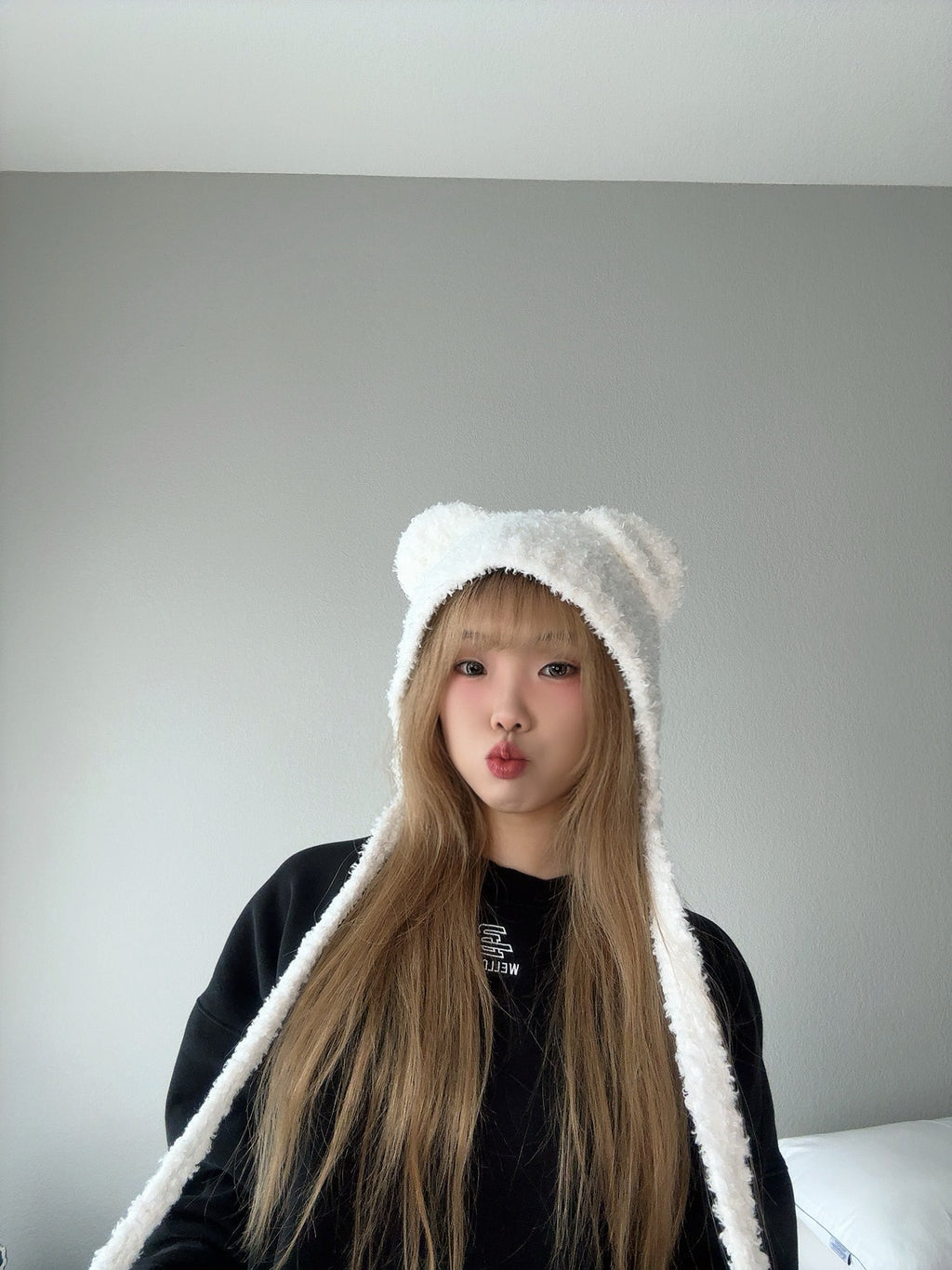 White Fuzzy Bear Hat – Cute Winter Tie Beanie far view.