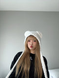 White Fuzzy Bear Hat – Cute Winter Tie Beanie far view.