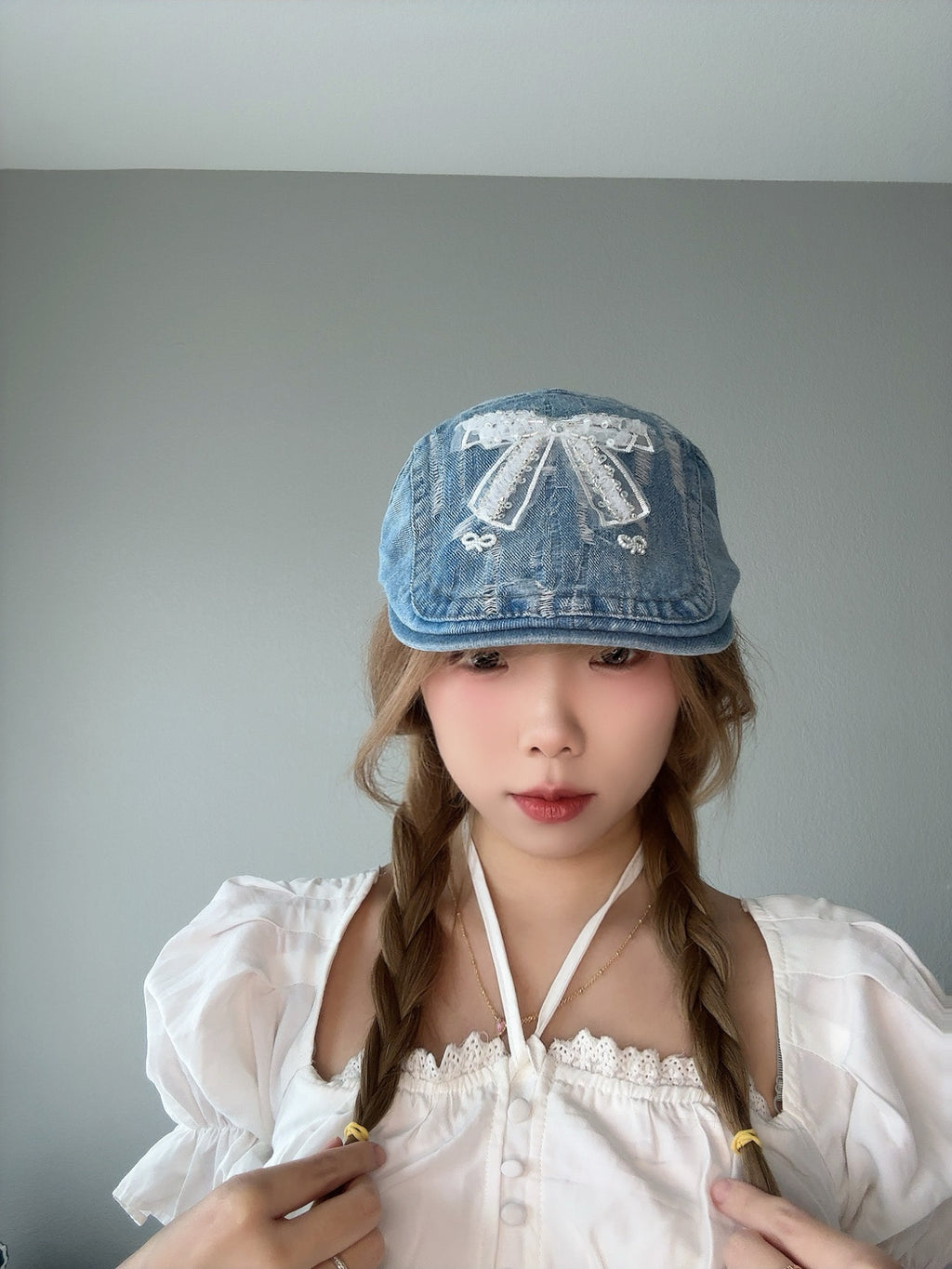 Denim Bow Cap – Cute Embroidered Hat close view.