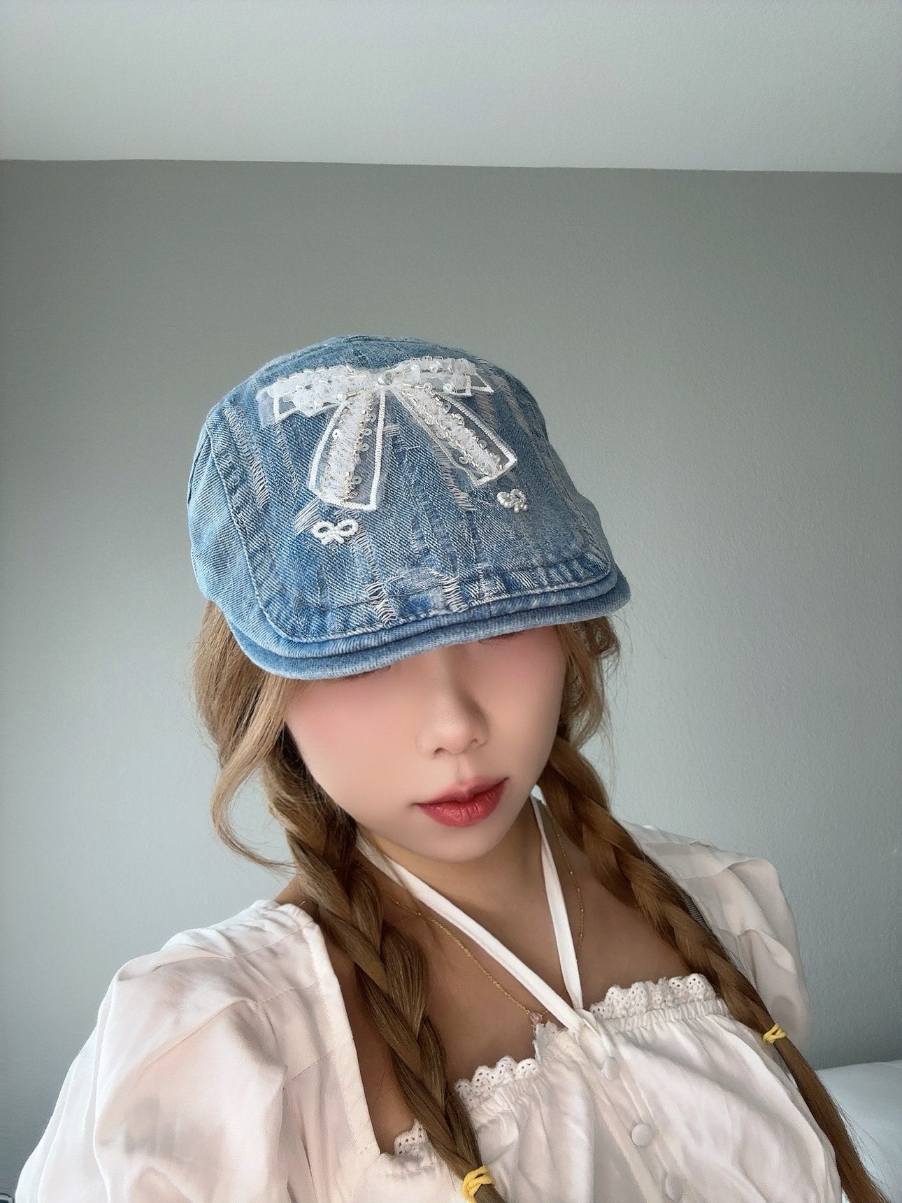 Denim Bow Cap – Cute Embroidered Hat above view.