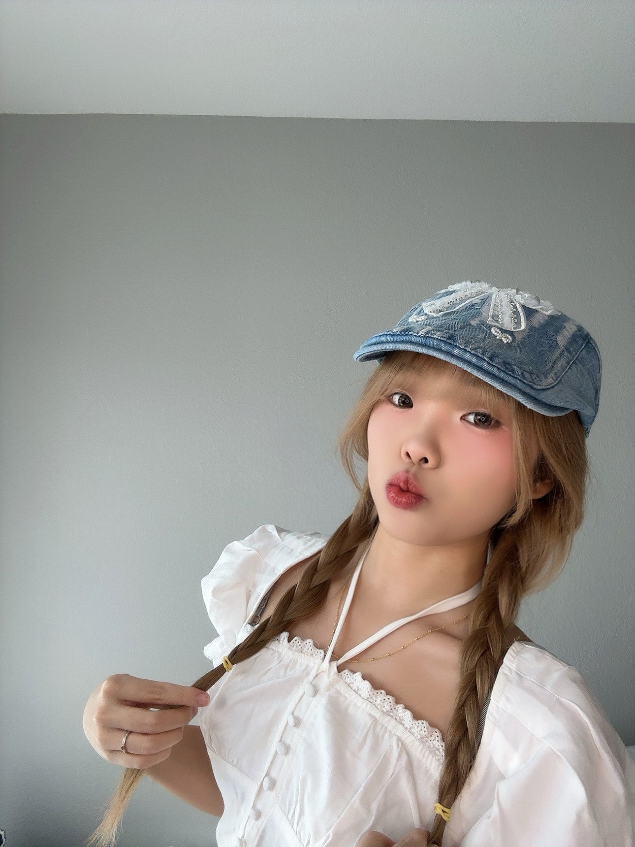 Denim Bow Cap – Cute Embroidered Hat side view.