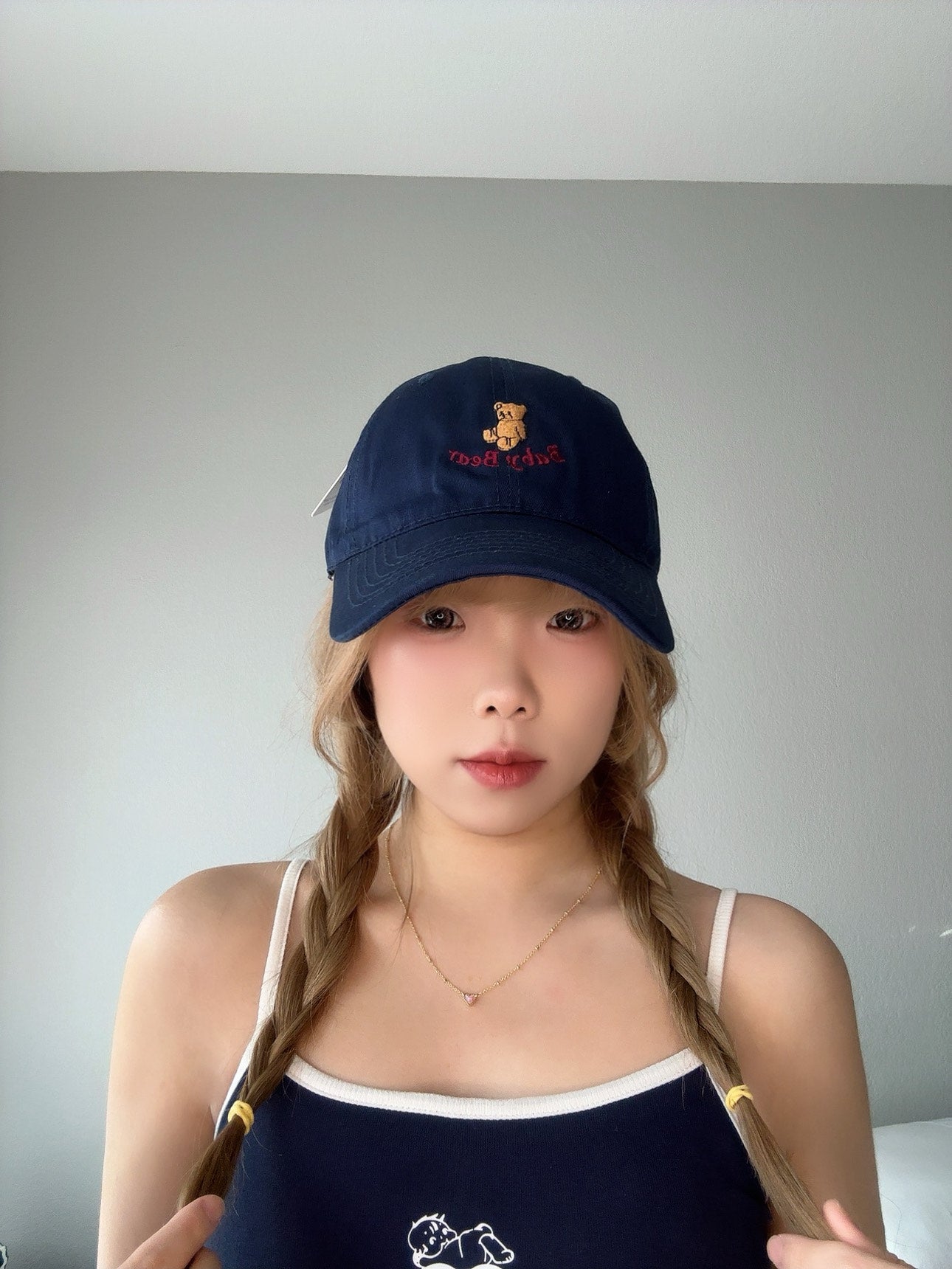 Navy Bear Embroidered Cap – Cute Casual Hat above view.