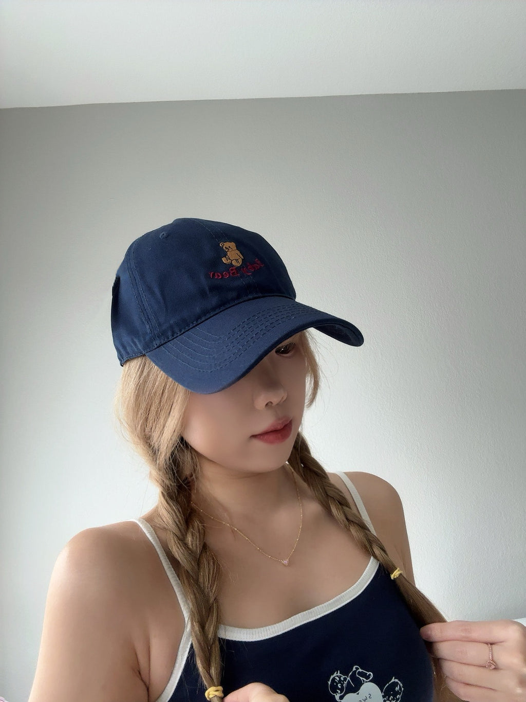 Navy Bear Embroidered Cap – Cute Casual Hat side view.