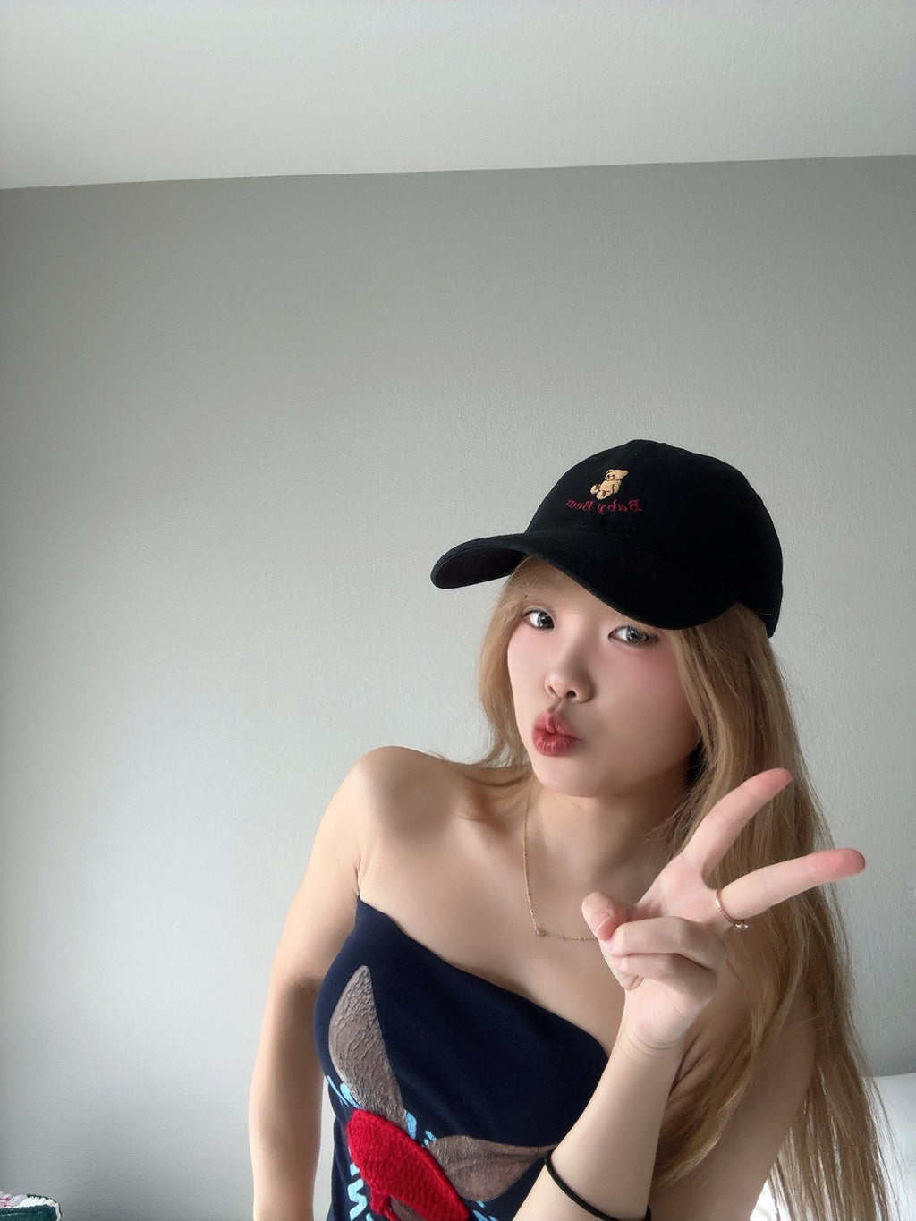 Black Bear Embroidered Cap – Cute Casual Hat far view.