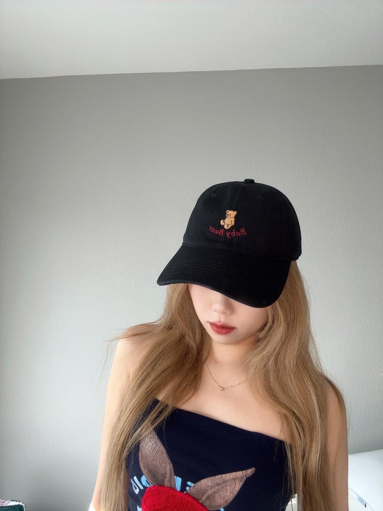 Black Bear Embroidered Cap – Cute Casual Hat above view.