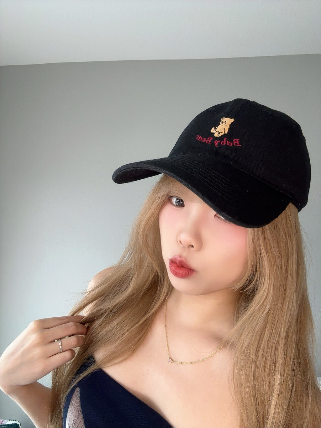 Black Bear Embroidered Cap – Cute Casual Hat side view.