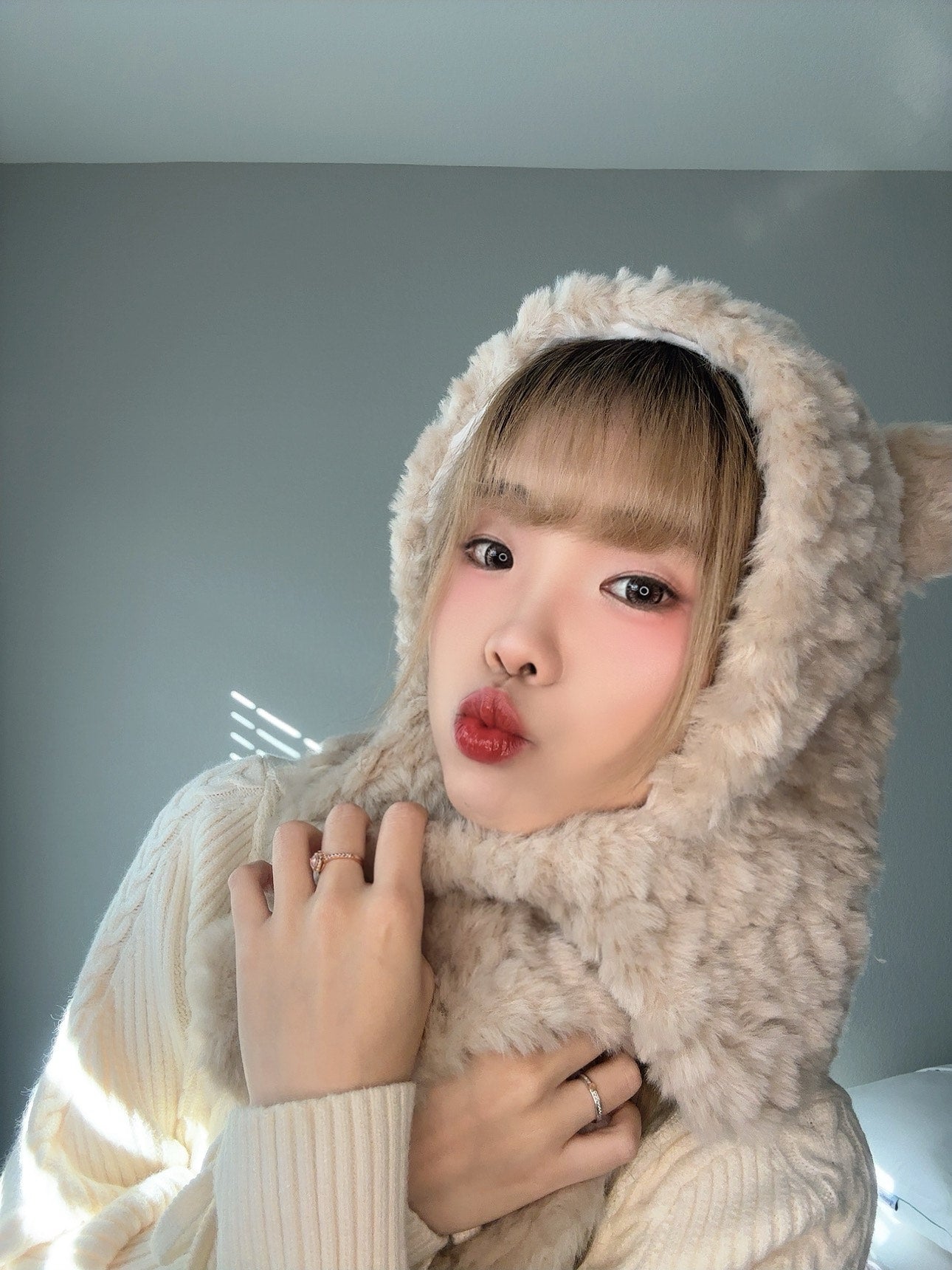 Beige Bear Hood Scarf – Cute Plush Winter Hood above view.