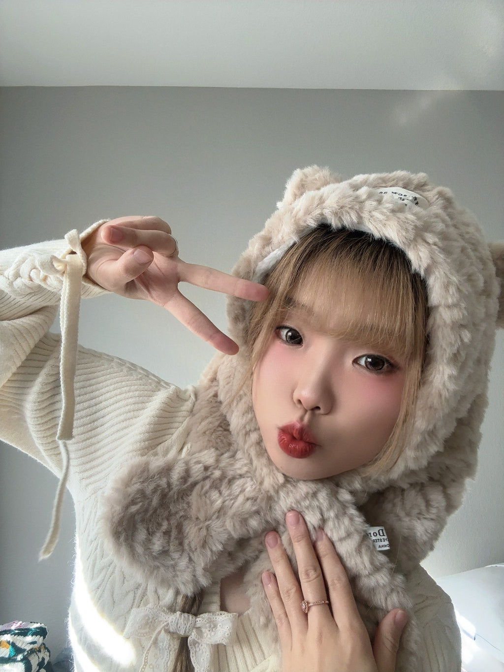 Beige Bear Hood Scarf – Cute Plush Winter Hood close view.