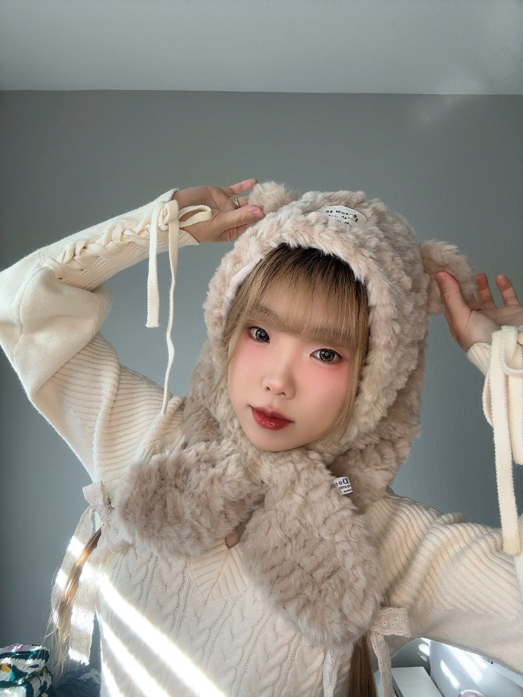 Beige Bear Hood Scarf – Cute Plush Winter Hood far view.