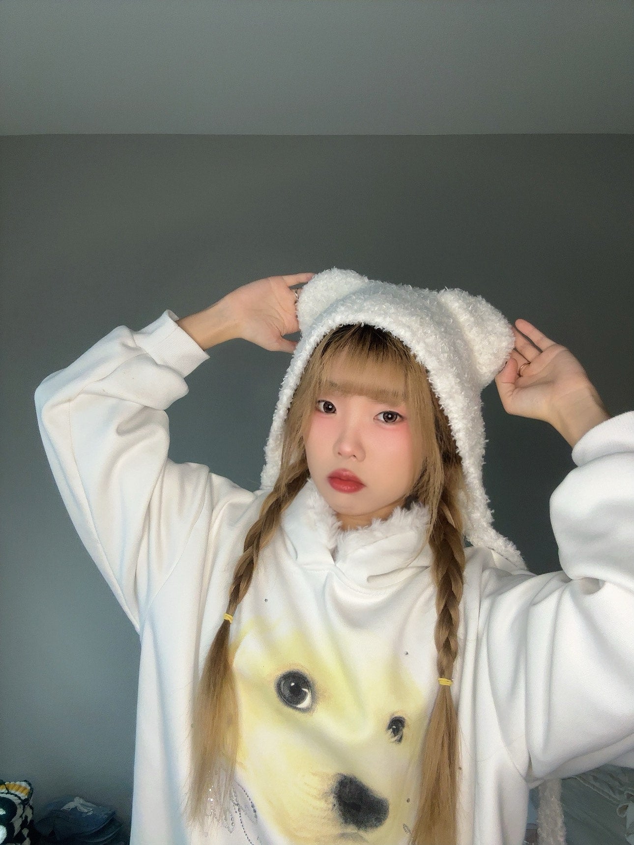 White Fuzzy Bear Hat – Cute Winter Tie Beanie side view.