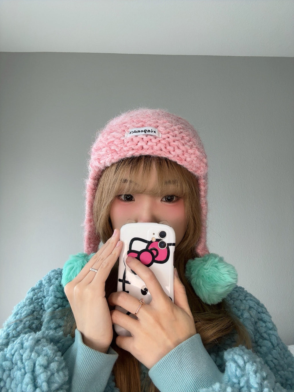 Pink Pom Pom Knit Hat – Cute Winter Beanie close view.