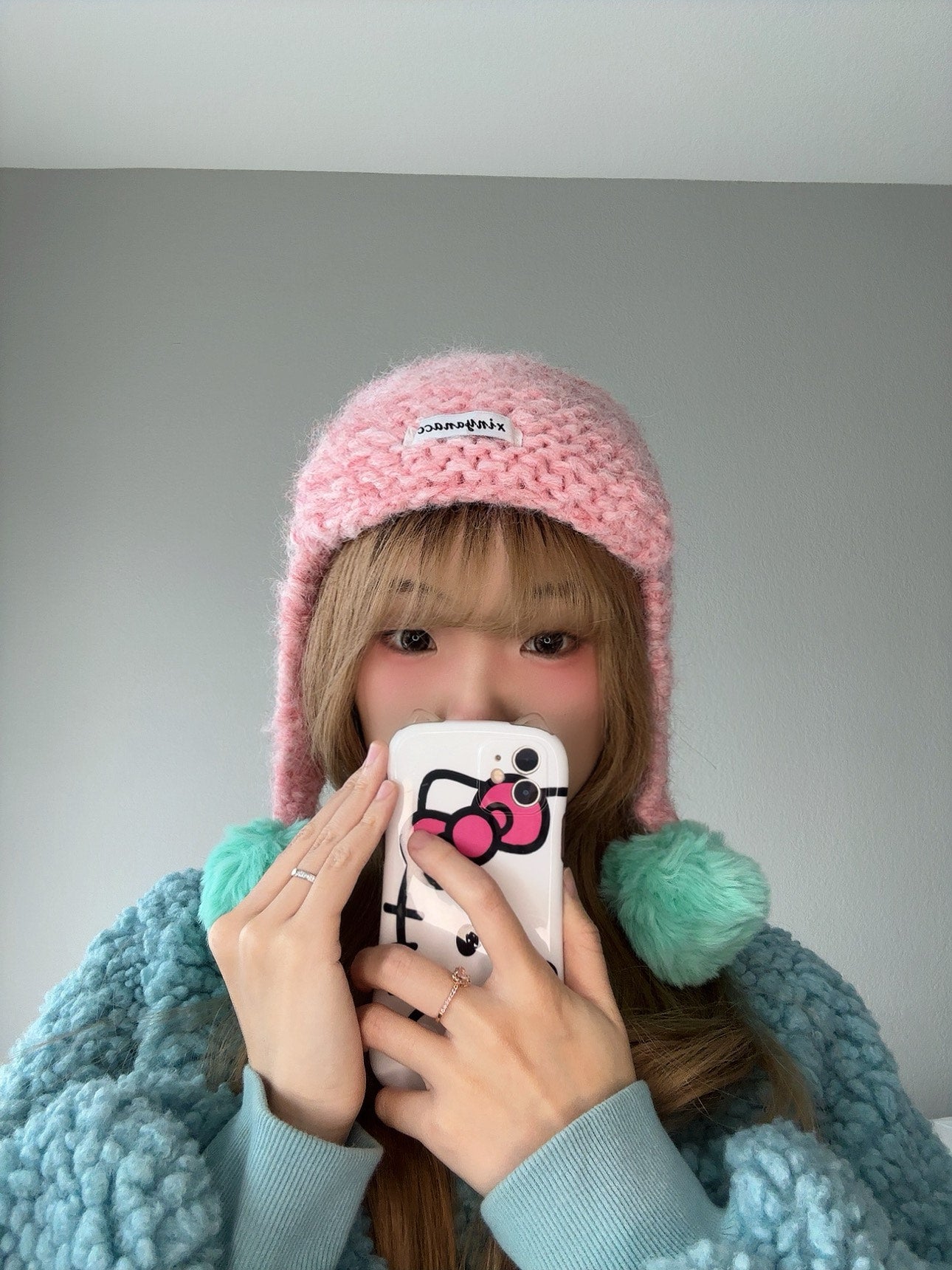 Pink Pom Pom Knit Hat – Cute Winter Beanie close view.