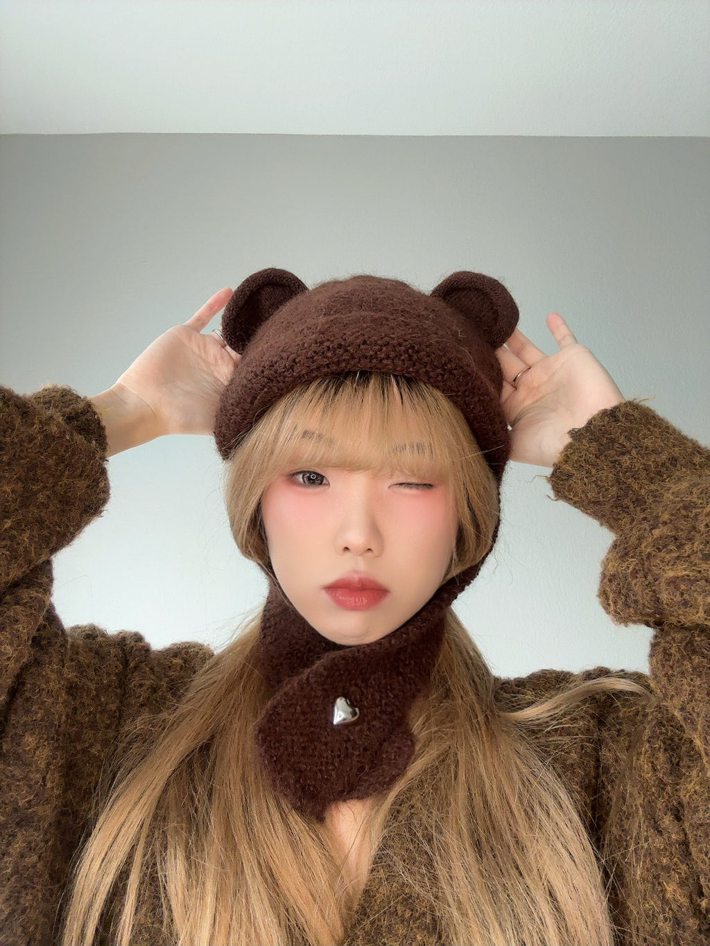 Brown Fuzzy Bear Hat – Cozy Winter Beanie close view.
