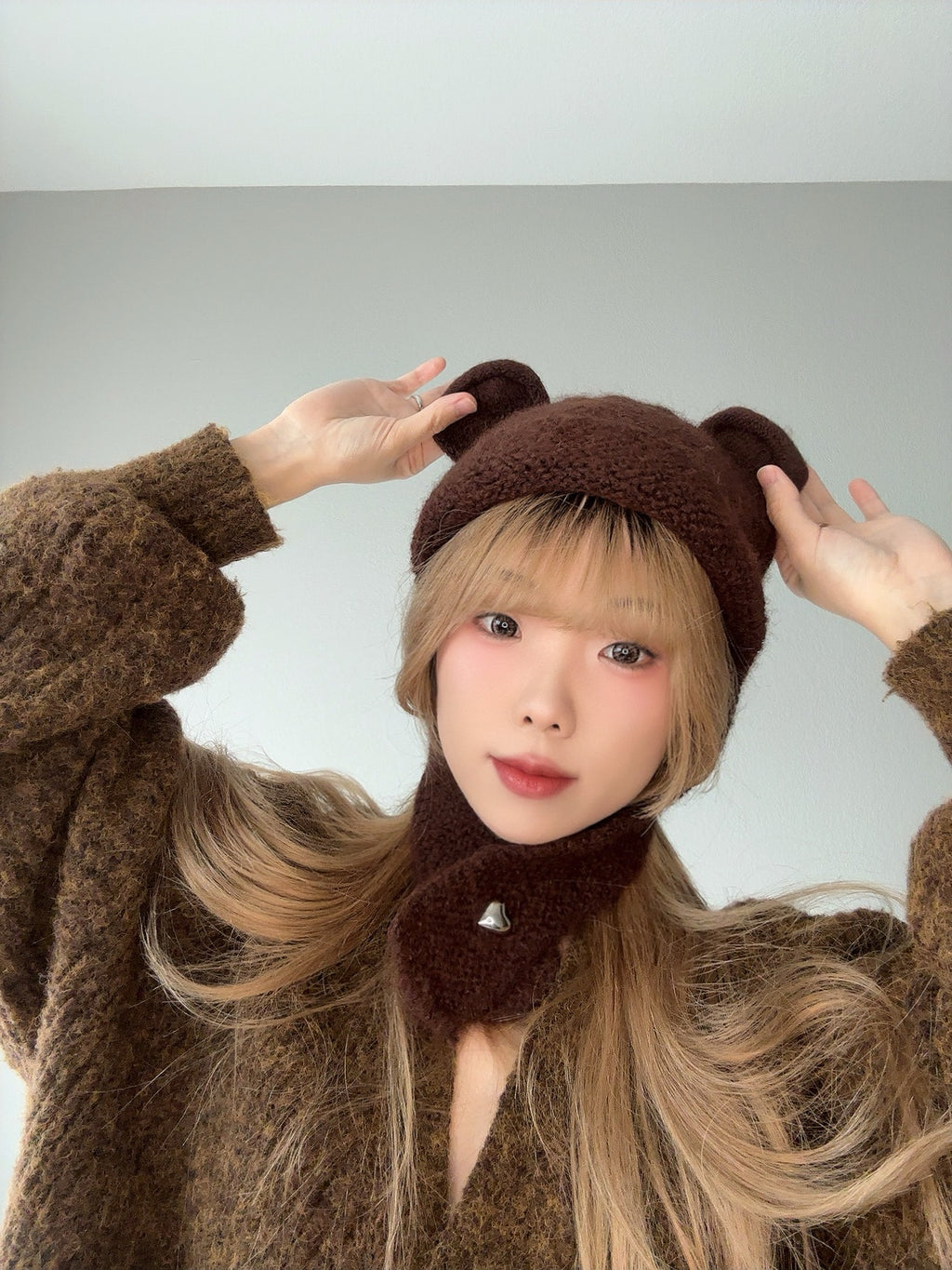 Brown Fuzzy Bear Hat – Cozy Winter Beanie above view.