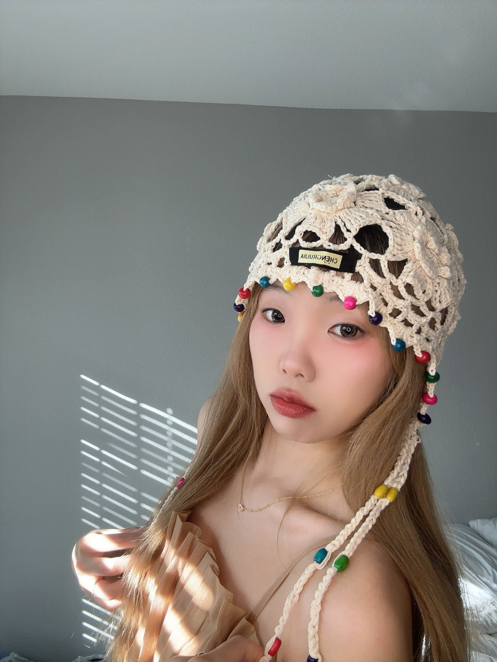 Crochet Bead Hat – Boho Festival Style close view.