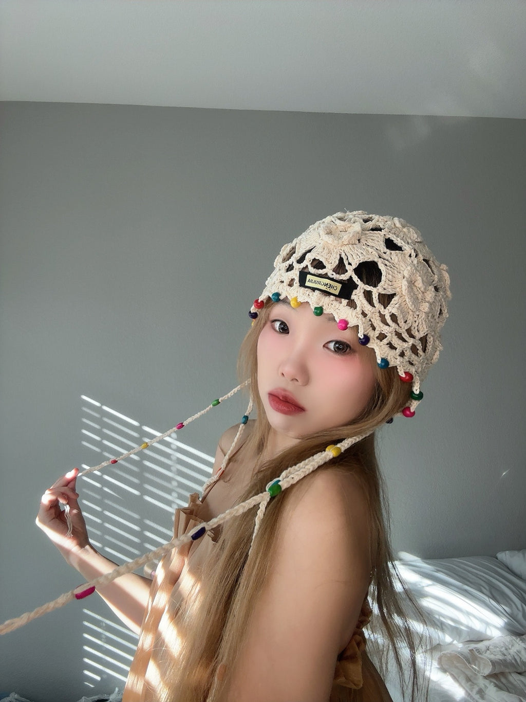 Crochet Bead Hat – Boho Festival Style side view.