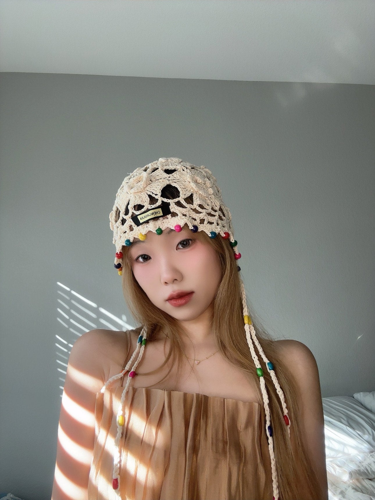 Crochet Bead Hat – Boho Festival Style far view.