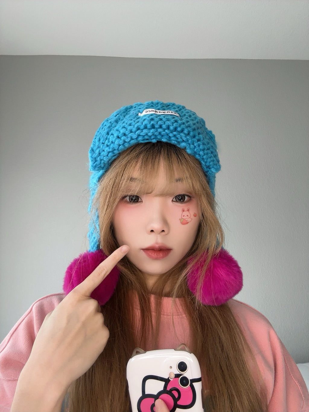 Blue Pom Pom Knit Hat – Colorful Winter Beanie close view.