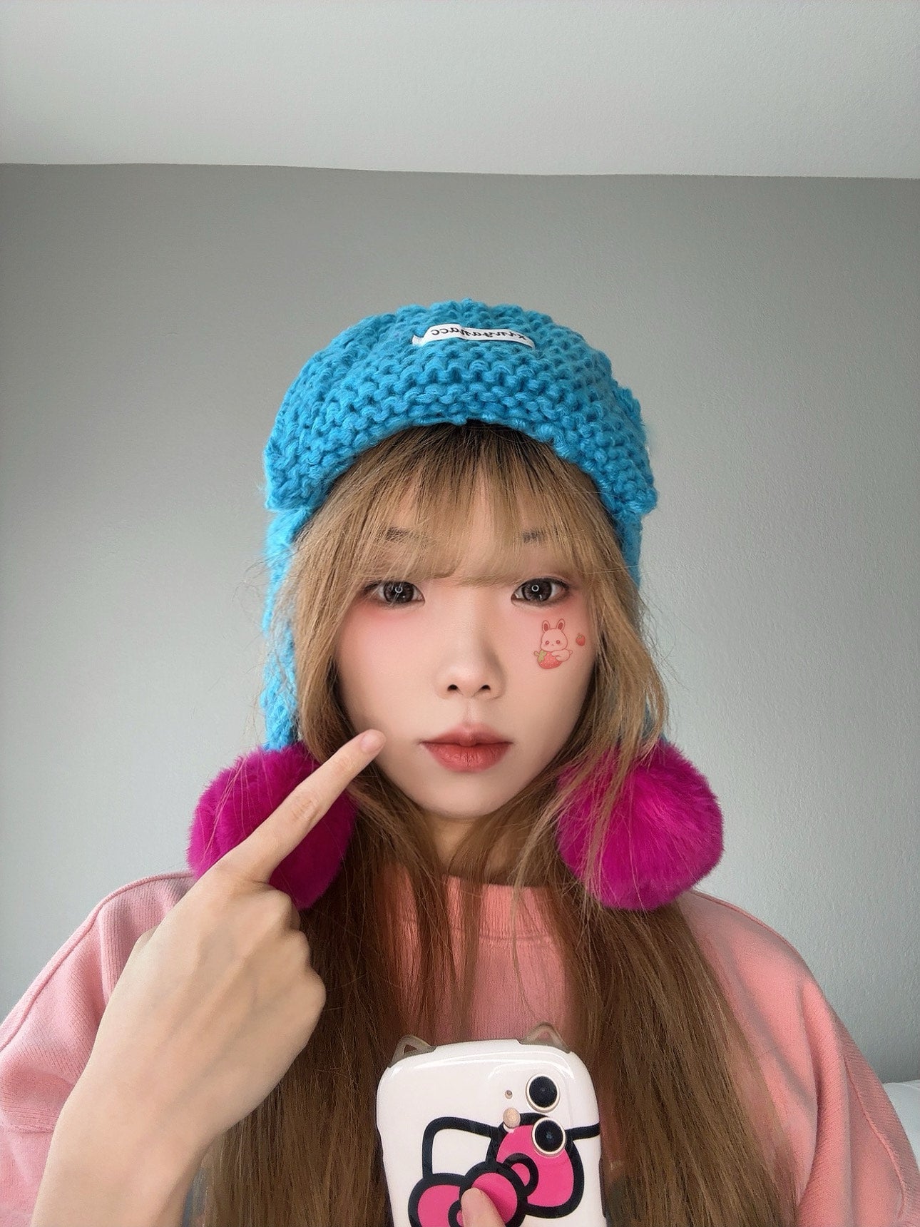 Blue Pom Pom Knit Hat – Colorful Winter Beanie close view.
