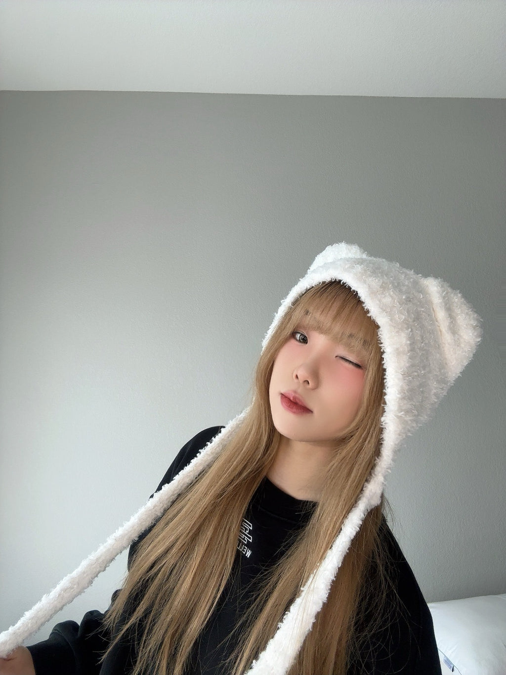 White Fuzzy Bear Hat – Cute Winter Tie Beanie front view.
